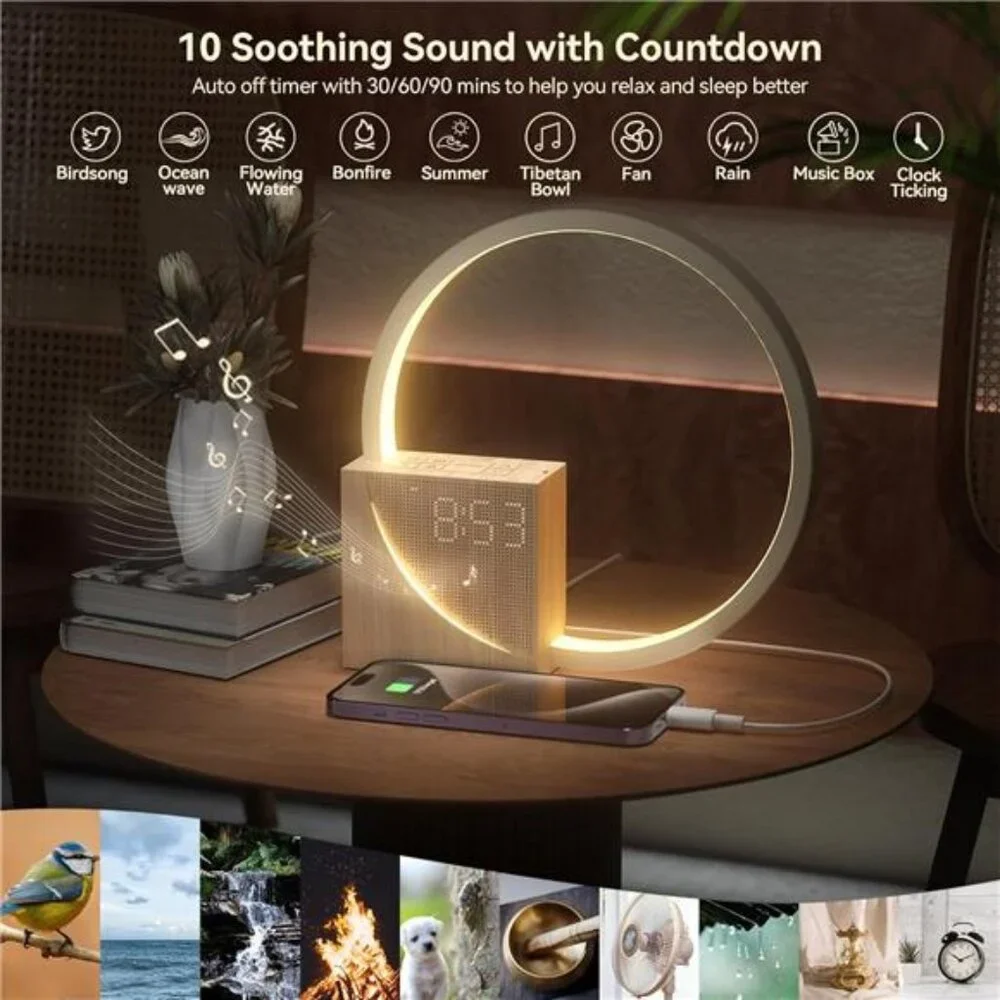 Sunrise alarm clock for heavy sleepers wake up light white noise sleep aid USB